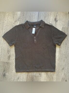 NWT Mens Large Olive Green RSQ Open Knit Cotton Short Sleeve Sweater Polo
